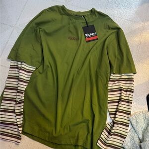 Kickers Olive Long Sleeve Layered Shirt with Stripes NWT